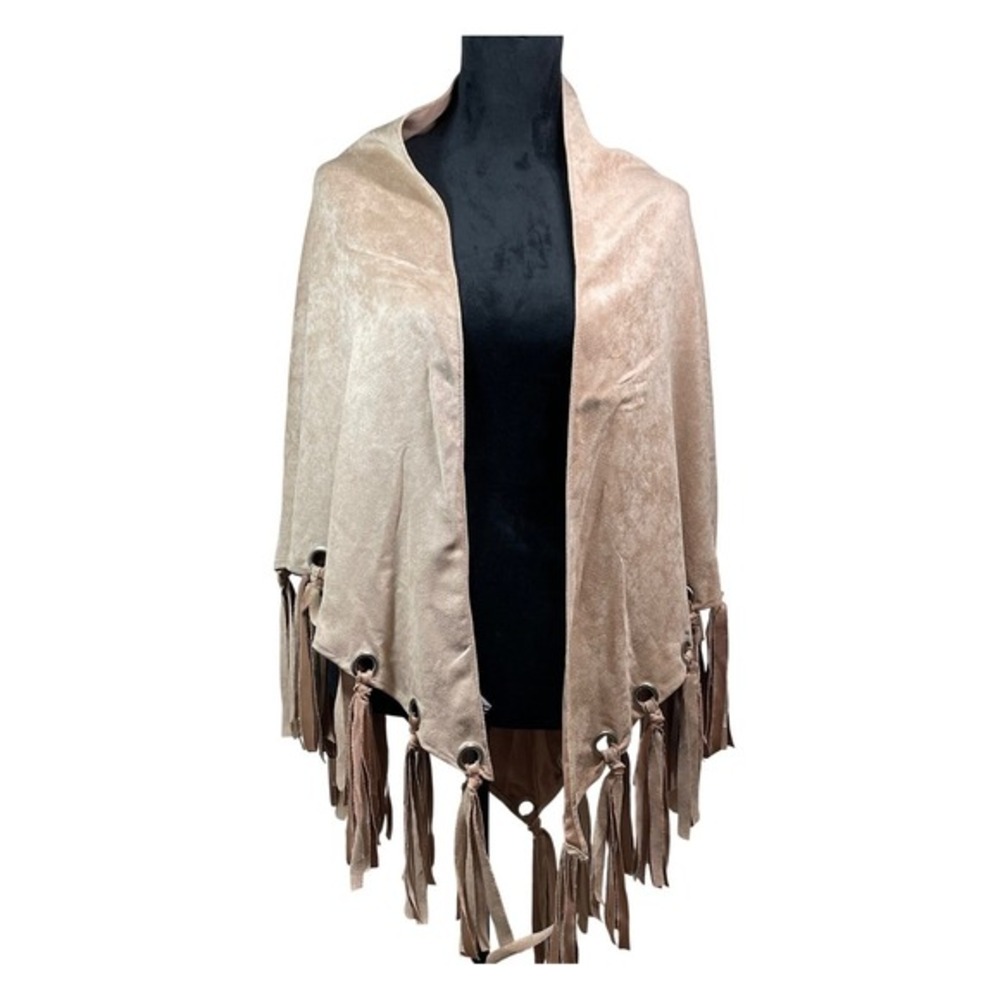 Tan Faux Suede Fringe Grommet Shawl Wrap Poncho‎ Tan cowgirl layering western
